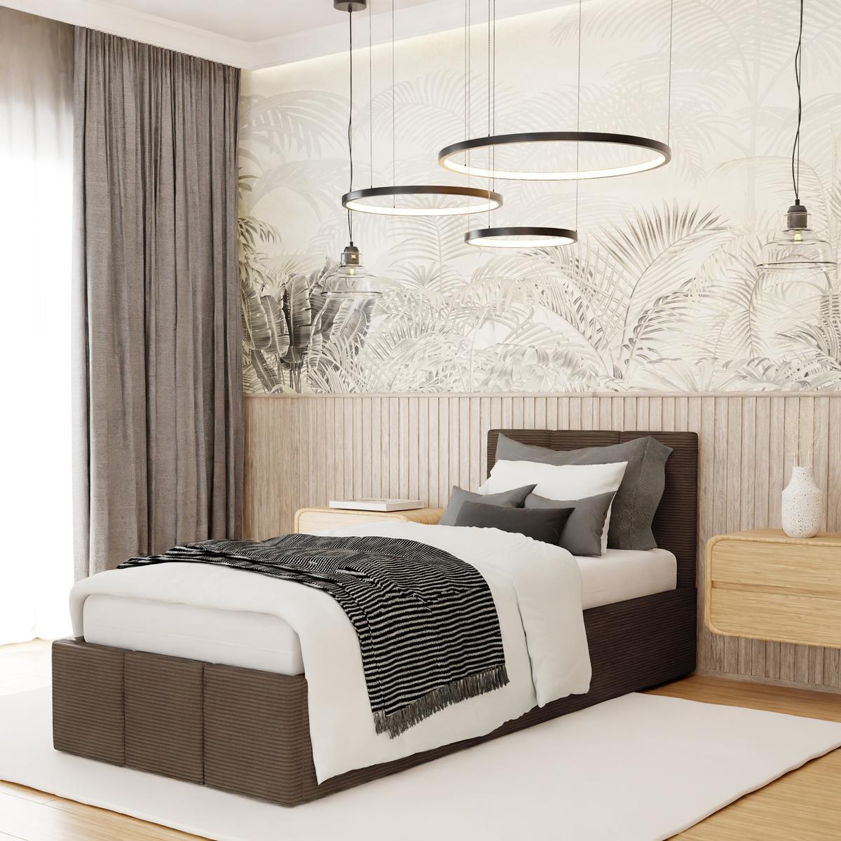 Łóżko Tapicerowane Do Sypialni 90x200cm Podwójne z Pojemnikiem Brązowe