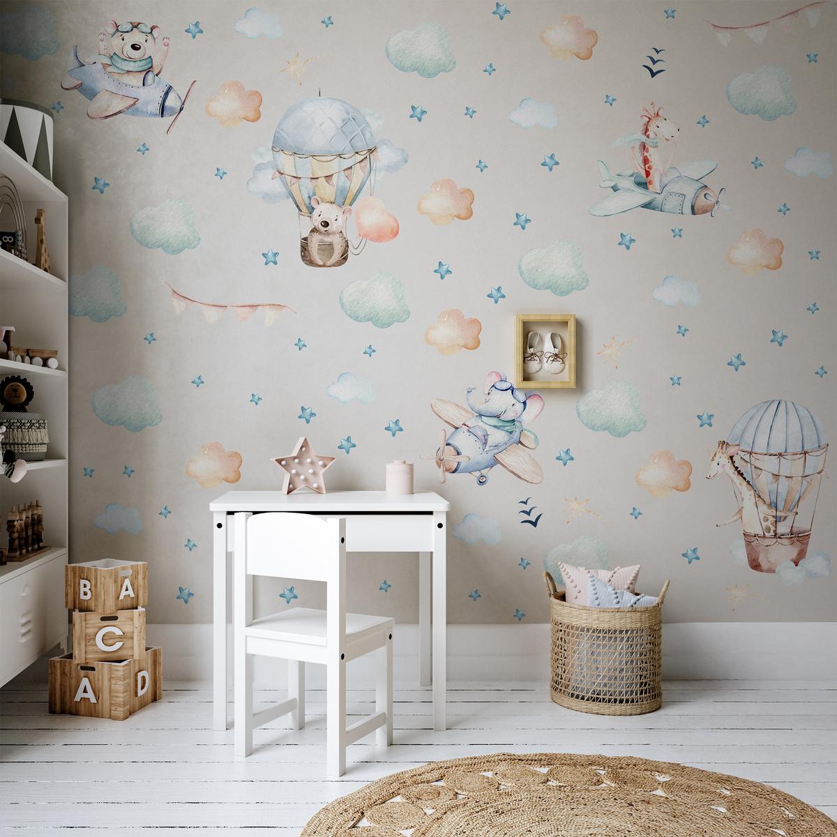 Naklejki Dla Dzieci Zwierzątka Misie Żyrafy 60x30 Balony Chmurki ZESTAW nr. 7