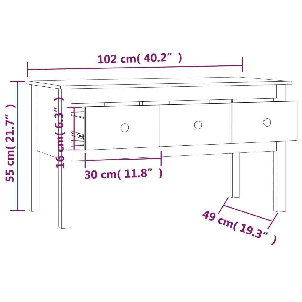 Stolik kawowy 102x49x55 cm z trzema szufladami lite drewno sosnowe szary do salonu nr. 9