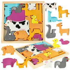 Puzzle układanka edukacyjna drewniana sorter dopasuj kształty dla dzieci zwierzęta 17x17x1 cm