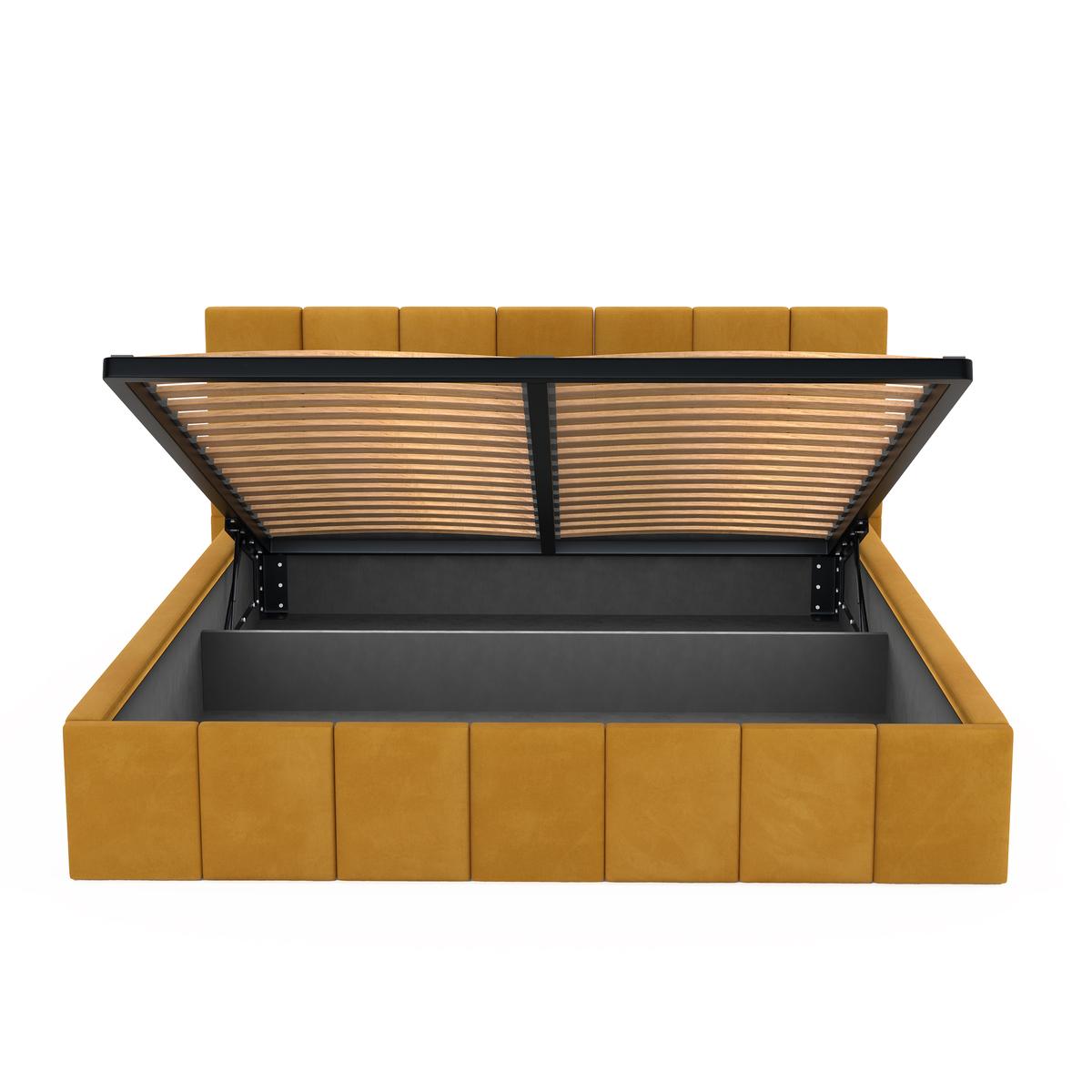 Łóżko tapicerowane 140x200 premium z pojemnikiem do sypialni żółte wezgłowie 107 cm nr. 12