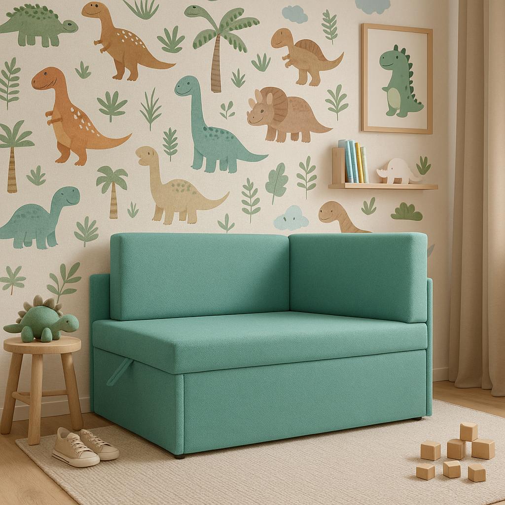 Łóżko młodzieżowe Viluś 108x81x78 cm sofa narożnik jednoosobowy do pokoju z funkcją spania i przechowywania miętowy