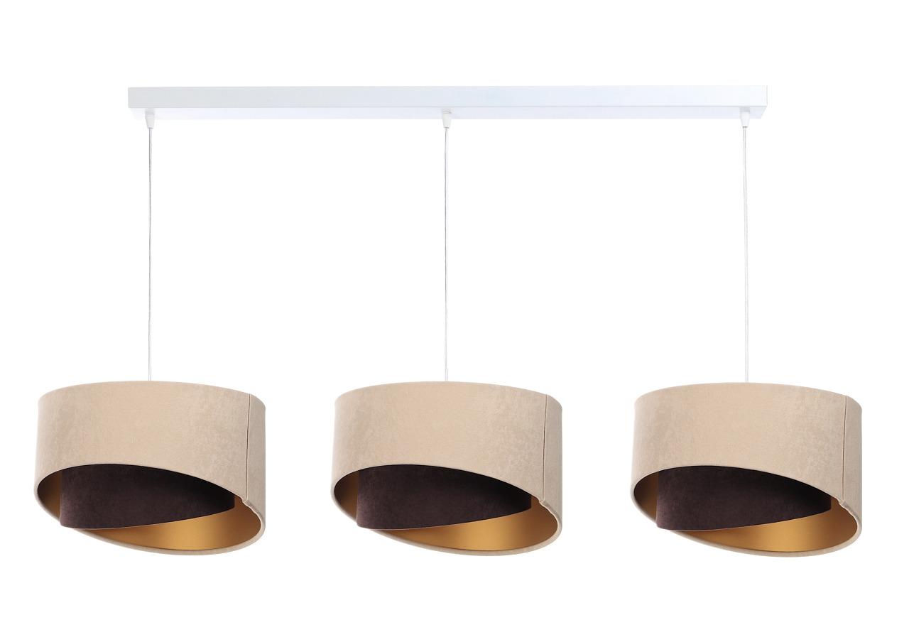 Lampa 114x88x86 cm na listwie z 3 asymetrycznymi abażurkami beżowo-brązowo złota