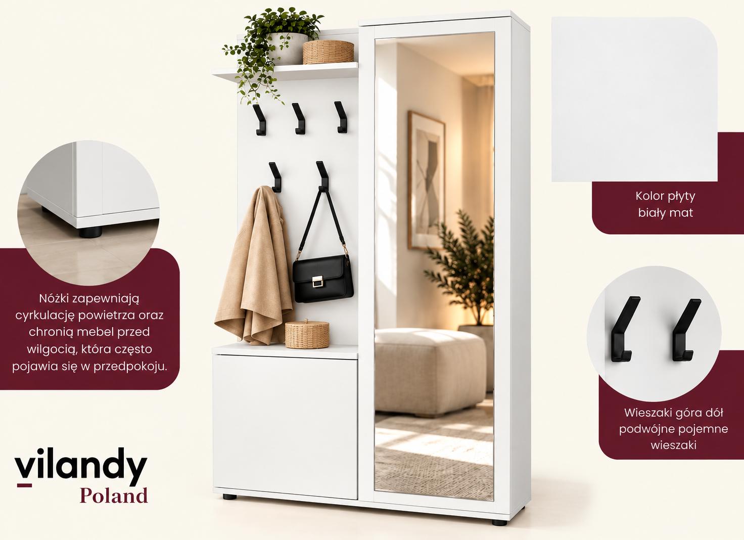 Garderoba do przedpokoju DUO 180x95x35 cm z lustrem wieszakami szafka na buty biały, prawa nr. 8