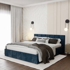 Łóżko tapicerowane 160x200 premium z pojemnikiem do sypialni granatowe wezgłowie 107 cm - Miniaturka zdjęcia nr 1