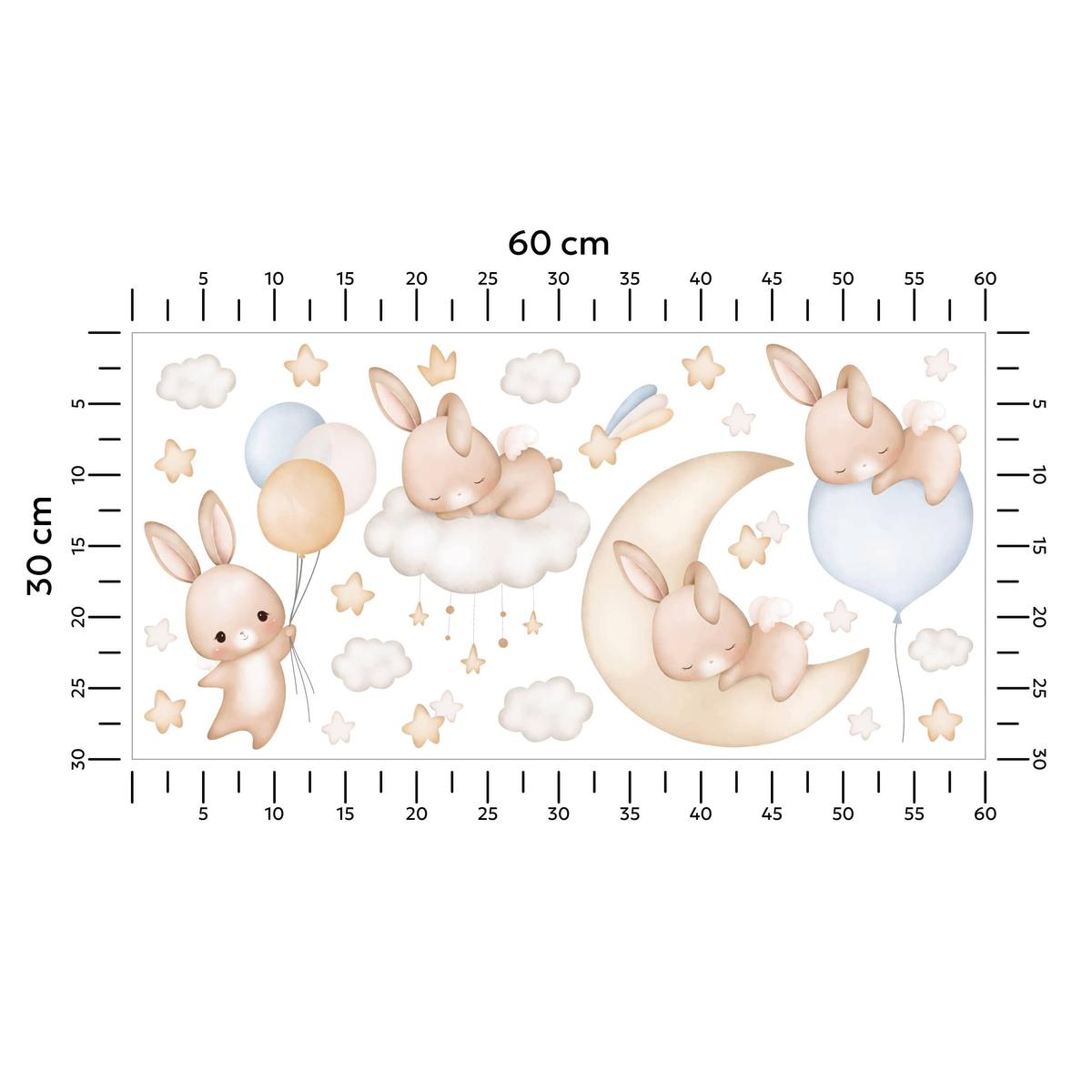 Naklejki Dla Dzieci Śpiące Króliczki Chmurki 60x30 Gwiazdy ZESTAW nr. 2