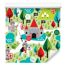 Tapeta bajkowa dla dzieci, rycerze, smoki, drzewa  - Miniaturka zdjęcia nr 3