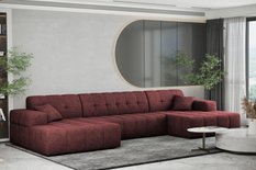 Sofa NIMES 350x82x168 cm bez funkcji spania w kształcie U pikowana do salonu NEVE czerwone wino