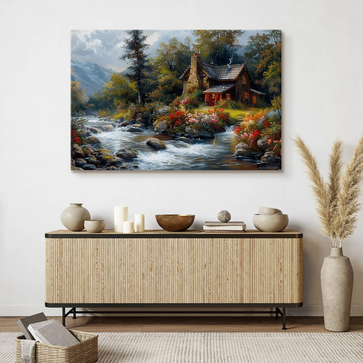 Obraz Na Płótnie Krajobraz Drewniany Domek W Górach 40x30 Krajobraz Nowoczesny nr. 7