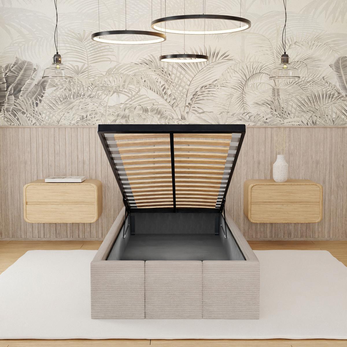 Łóżko Tapicerowane Do Sypialni 90x200cm Podwójne z Pojemnikiem Beżowe nr. 6