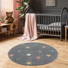 Dywan dziecięcy okrągły Grey Stars Round 133 cm do pokoju dziecięcego szary w gwiazdki