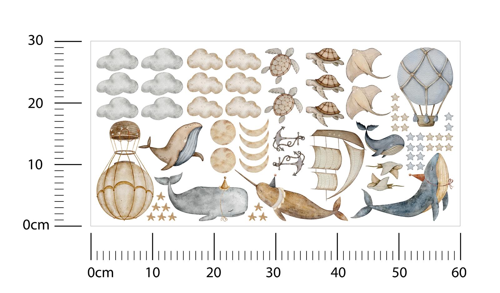 Naklejki Na Ścianę Dla Dzieci Wieloryby Chmury Balony 60x30 Gwiazdy ZESTAW nr. 2