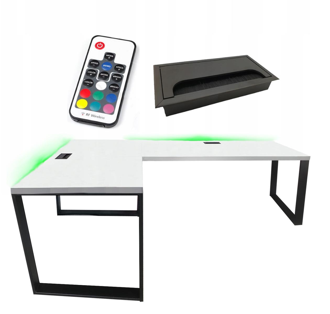 Biurko gamingowe narożne białe LOFT metalowe nogi LED RGB pilot przepust dla gracza 202x66x71cm