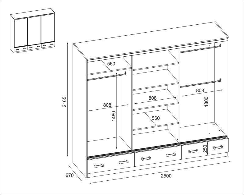 Szafa przesuwna 3-drzwiowa z lustrem 250x216x65 cm do sypialni Dąb Grand  nr. 4