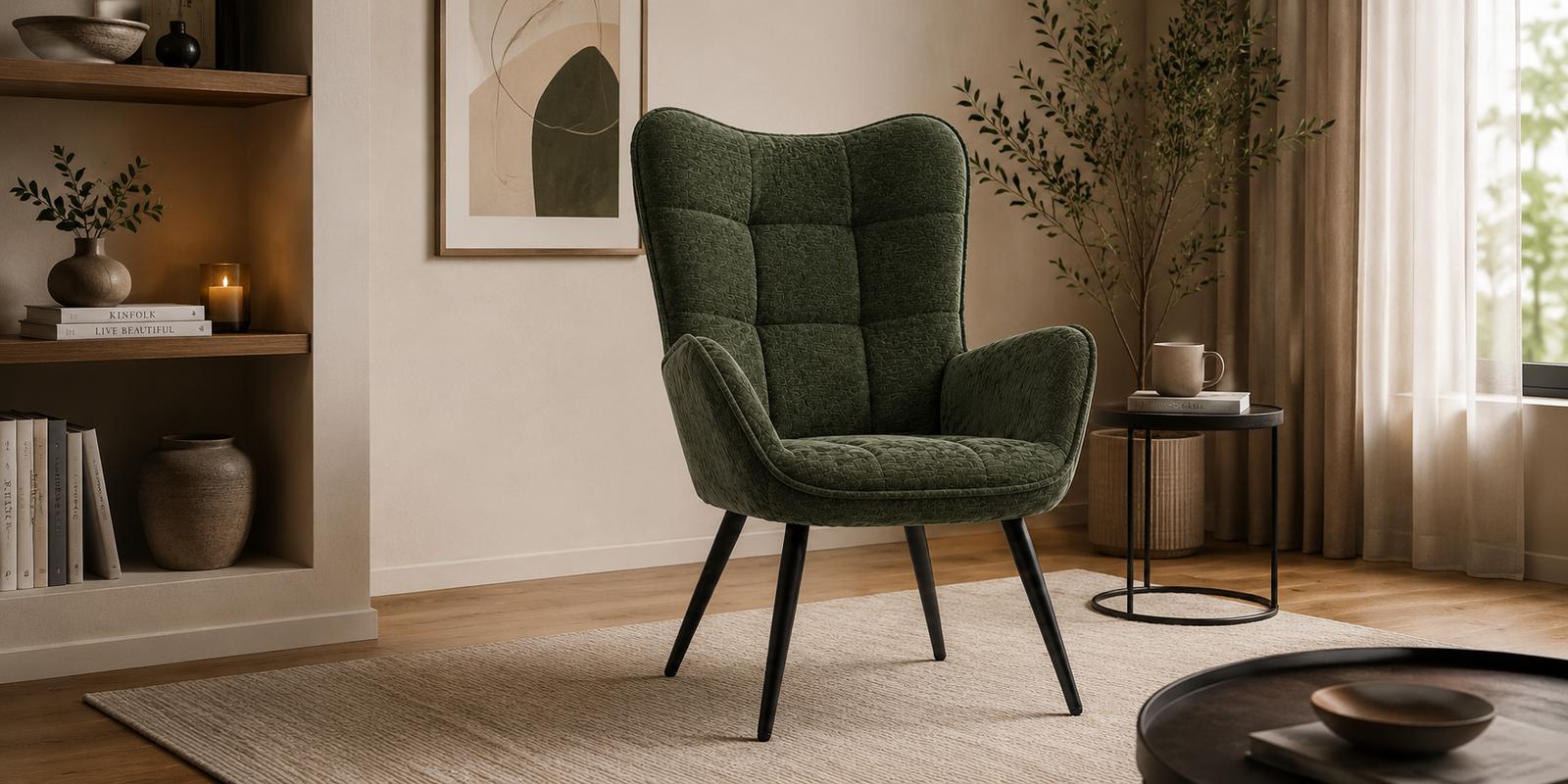 Fotel uszak tapicerowany wypoczynkowy 69x63x89 cm do salonu biura nogi czarne, szenil zielony