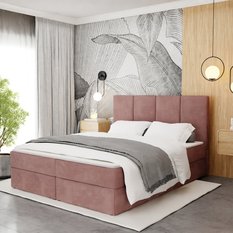 Łóżko kontynentalne 140x200x113 cm tapicerowane podwójne z materacem różowe - Miniaturka zdjęcia nr 7