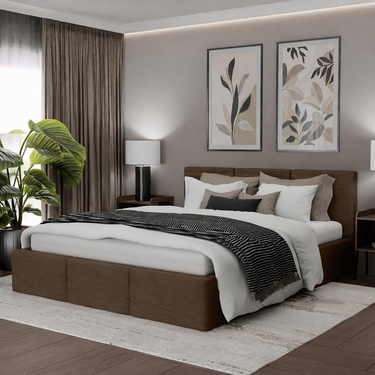 Łóżko Tapicerowane Do Sypialni 140x200 Podwójne z Pojemnikiem Brązowe