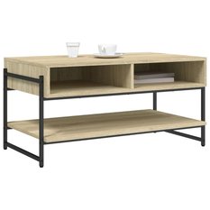 Stolik kawowy 90x50x45 cm z dwoma półkami i metalową ramą  dąb sonoma do salonu - Miniaturka zdjęcia nr 1