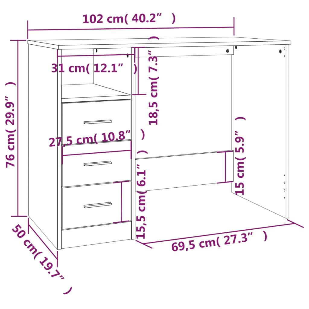 Biurko 102x50x76 cm z szufladami i półką szary dąb sonoma do biura lub gabinetu pokoju nr. 11