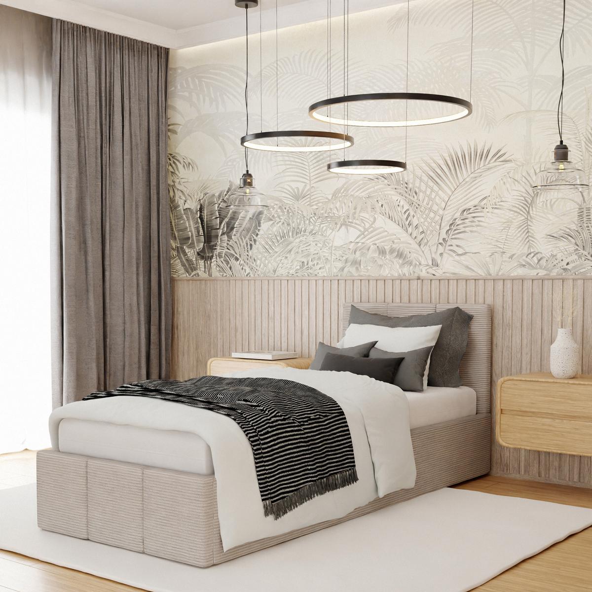 Łóżko Tapicerowane Do Sypialni 90x200cm Podwójne z Pojemnikiem Beżowe