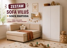 Zestaw mebli sofa rozkładana Viluś beżowa + szafa Martusia 180 cm biała do pokoju dla dziecka 