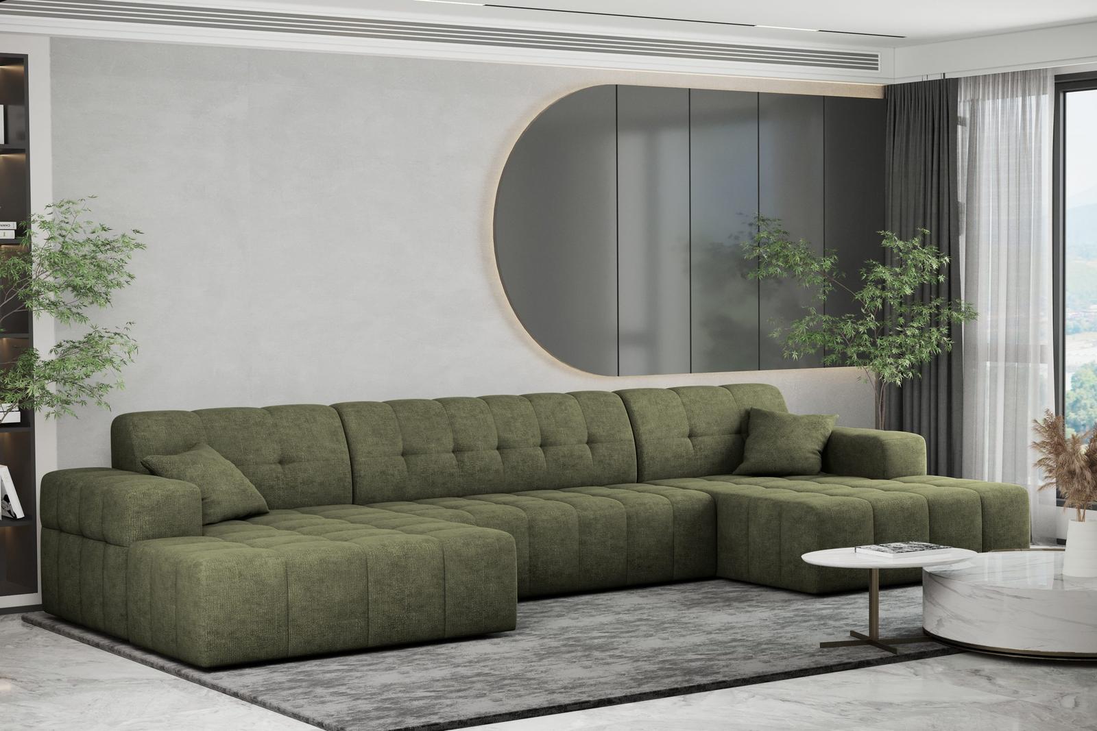 Sofa NIMES 350x82x168 cm bez funkcji spania w kształcie U pikowana do salonu NEVE zielona