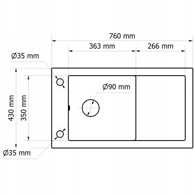 Zlewozmywak granitowy 76x43 cm z syfonem  1 komorowy z ociekaczem czarny do kuchni nr. 3