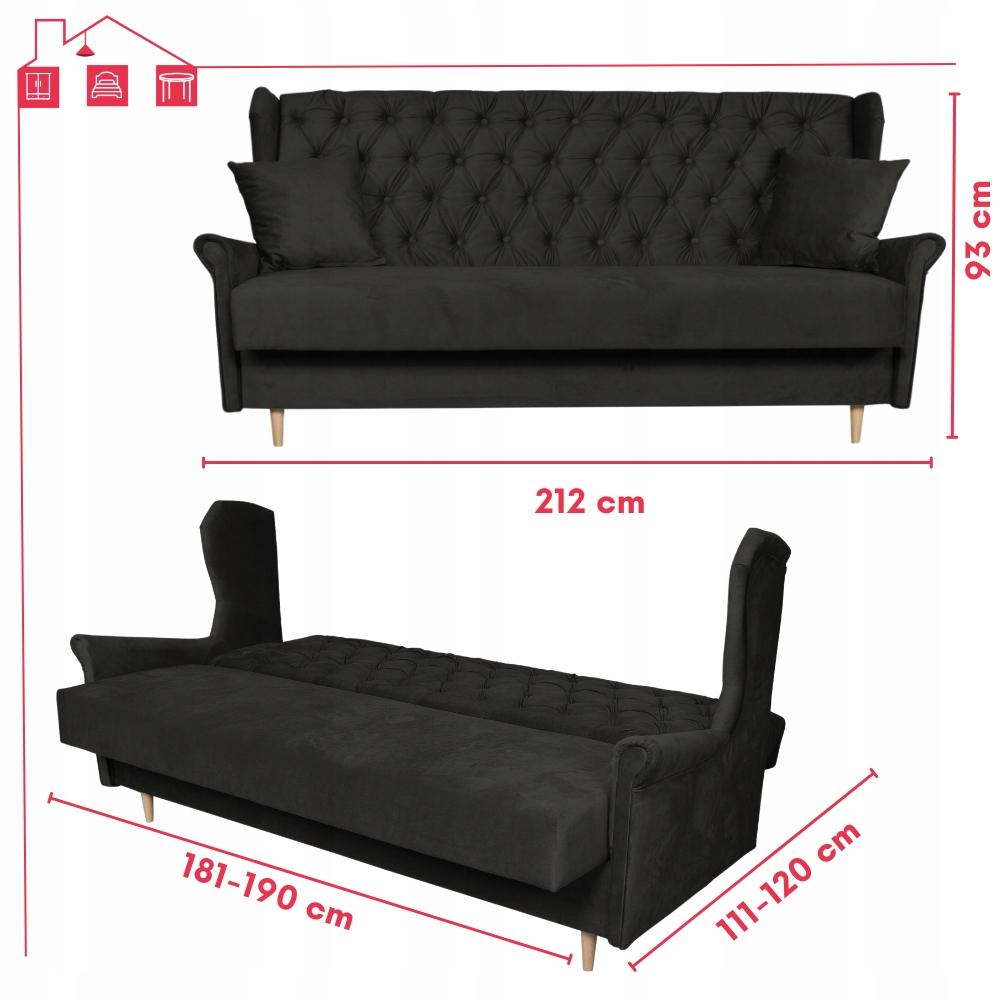 Kanapa z funkcją spania GAJA 212x95x93 cm uszak rozkładana wersalka pikowana z poduszkami AURA czarny nr. 16