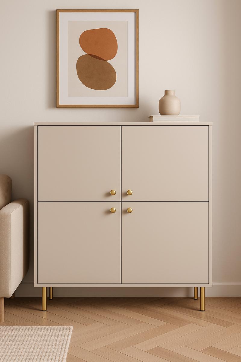 Wysoka komoda NOMI 100x40x113 cm czterodrzwiowa do salonu złote nogi kaszmir loft