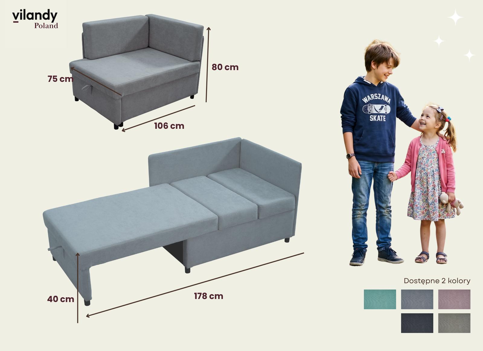 Sofa rozkładana dziecięca Viluś 106x75x80 cm narożnik jednoosobowy do pokoju z funkcją spania i przechowywania dla dzieci szary nr. 6