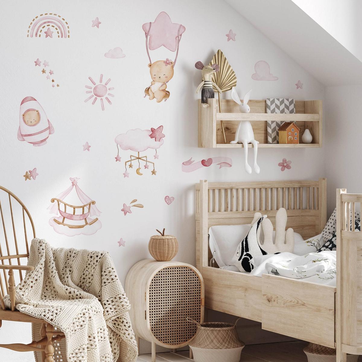 Naklejki Na Ścianę Dla Dzieci Misie Różowe 120x60 Chmurki Rakieta ZESTAW nr. 5