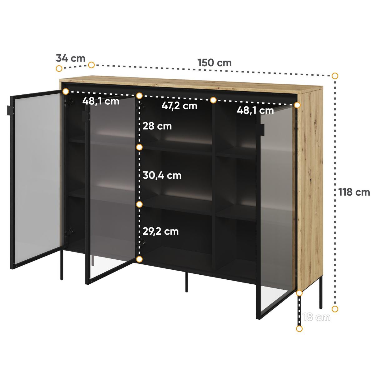 Witryna 150x34x118 cm 3w Trend z praktycznymi półkami dąb i czarny do przedpokoju lub salonu nr. 4