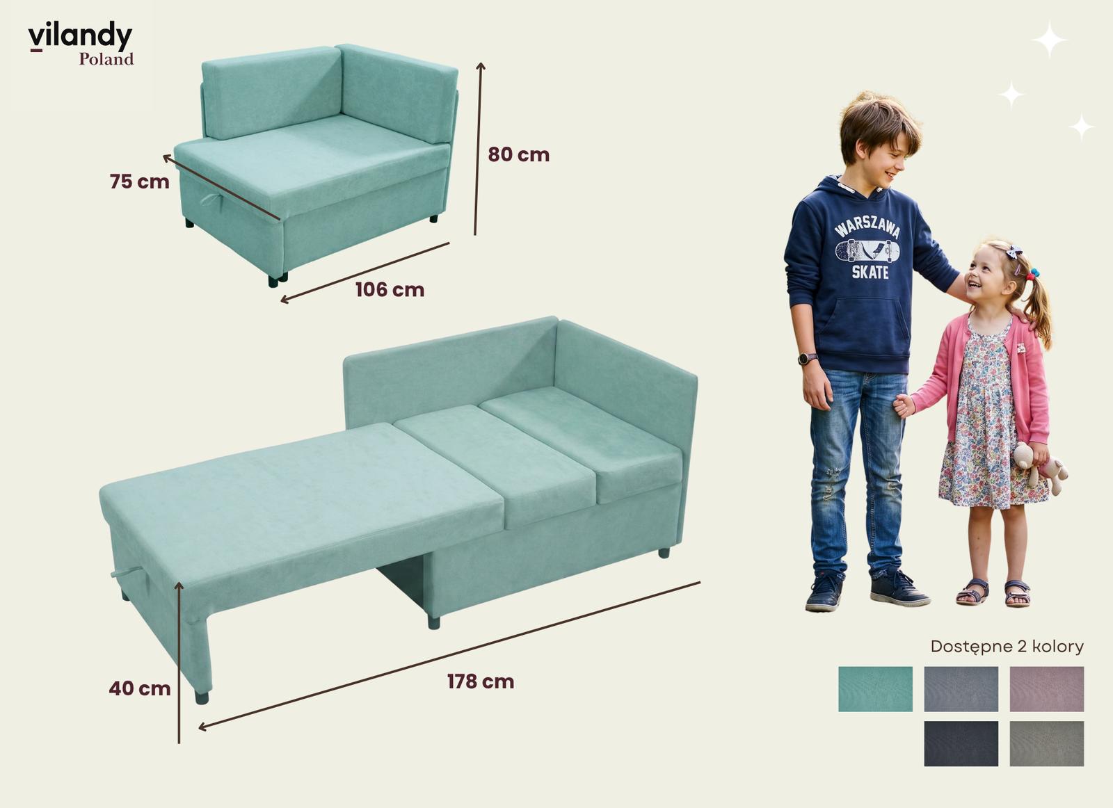 Sofa Viluś 106x75x80 cm miętowy rozkładana sofa narożna jednoosobowa z funkcją spania i pojemnikiem na pościel nr. 9
