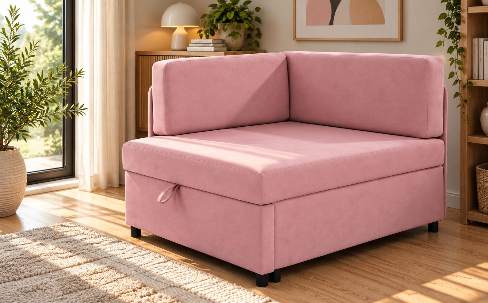 Sofa Viluś 106x75x80 cm różowa rozkładana sofa narożna jednoosobowa z funkcją spania i pojemnikiem na pościel