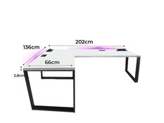 Biurko gamingowe narożne model 3 białe LOFT metalowe nogi LED RGB przepust USB dla gracza 202x66x71cm - Miniaturka zdjęcia nr 2