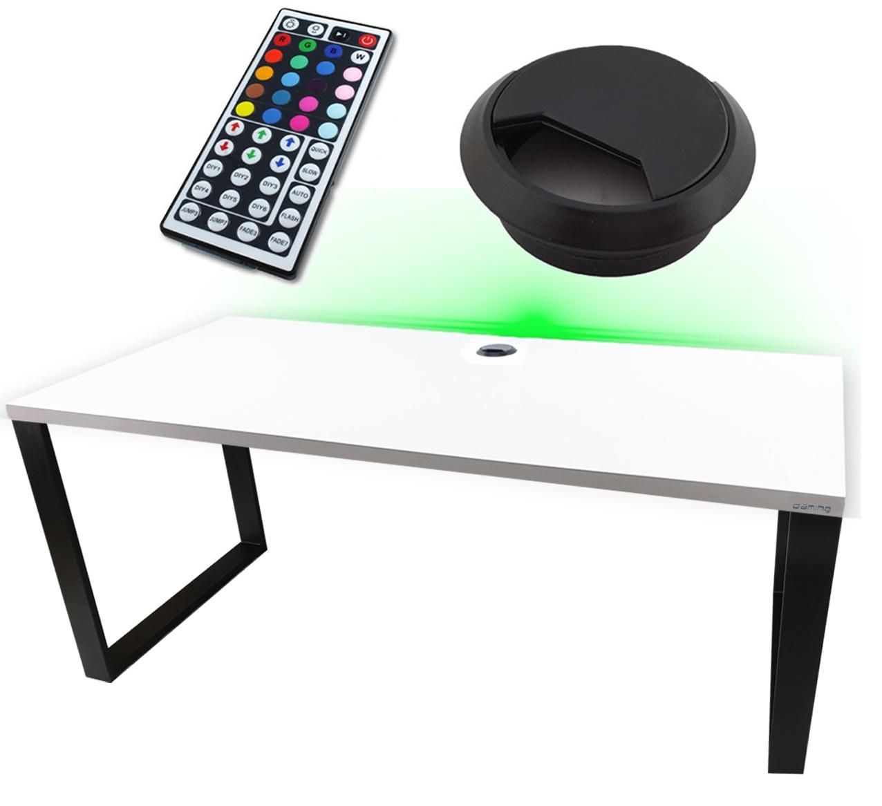 Biurko gamingowe 160x71x80 cm LOFT biały LED RGB pilot przepust blat 3,6 cm