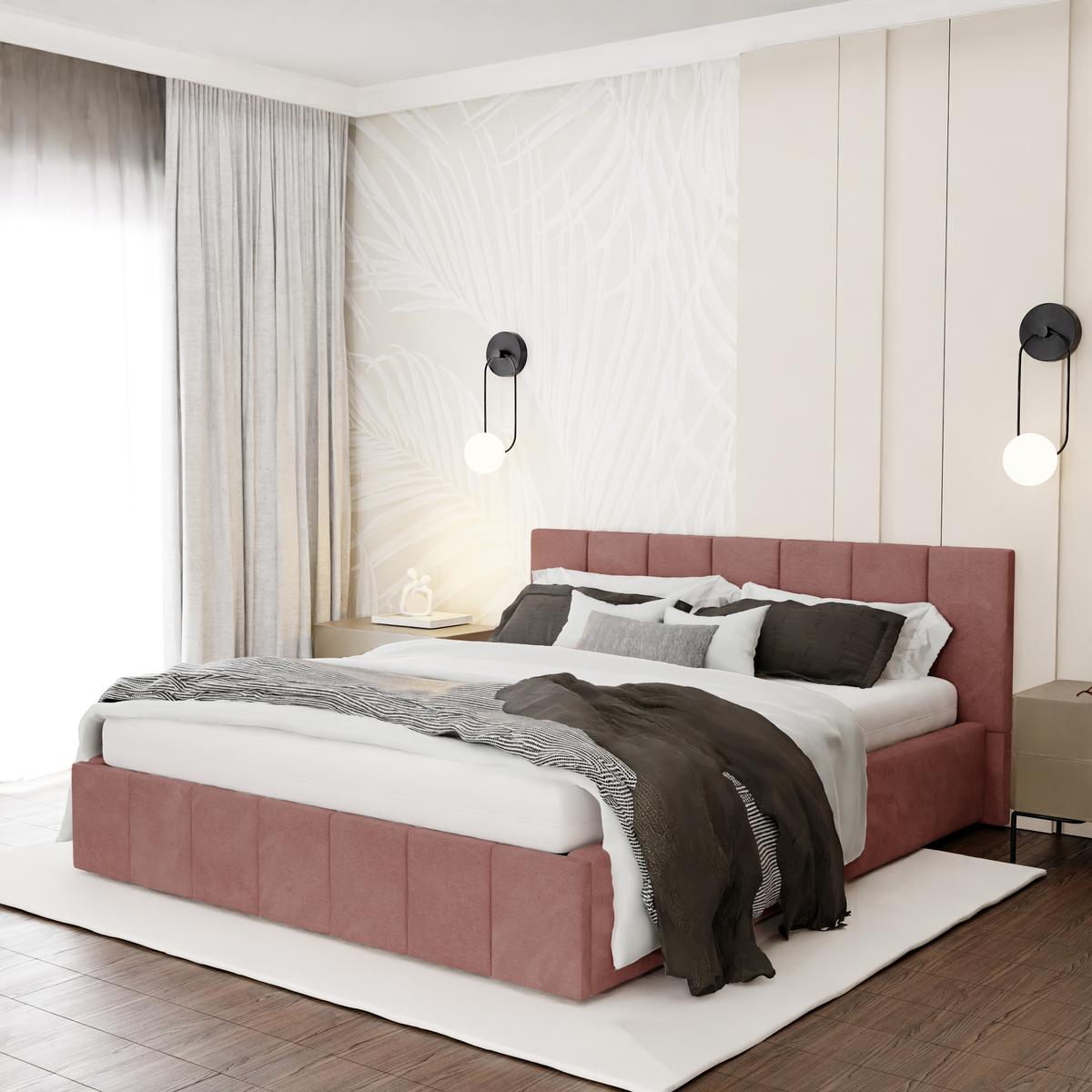 Łóżko tapicerowane 160x200 premium z pojemnikiem do sypialni różowe wezgłowie 107 cm