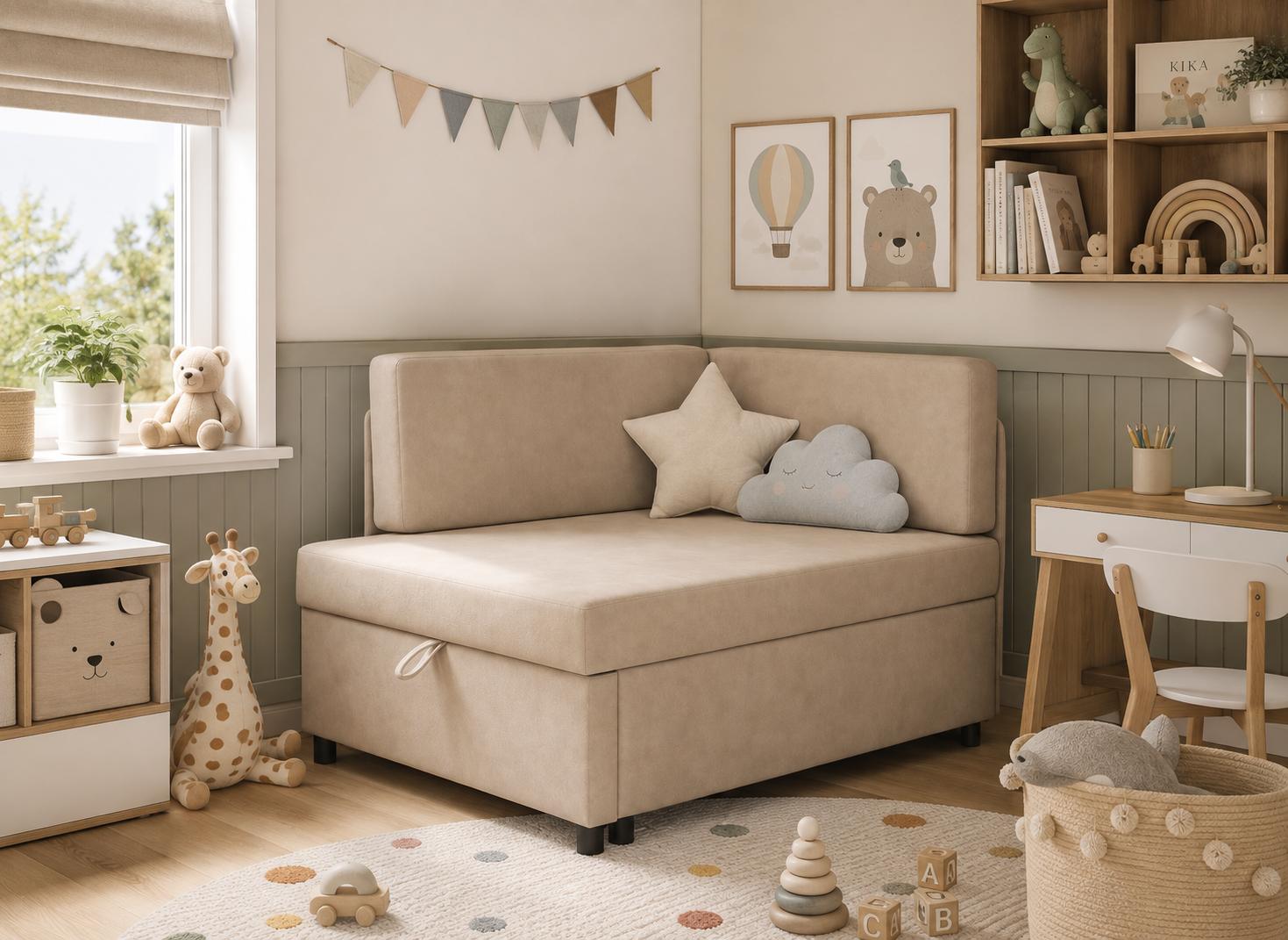 Łóżko dziecięce Viluś 106x75x80 cm sofa narożnik jednoosobowy do pokoju z funkcją spania i przechowywania dla dzieci beżowy