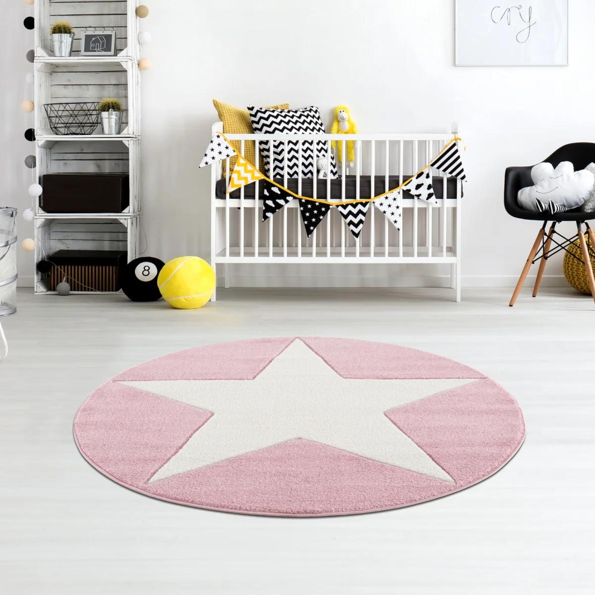 Dywan dziecięcy okrągły Big Star Round Pink 133 cm do pokoju dziecięcego różowy z gwiazdą