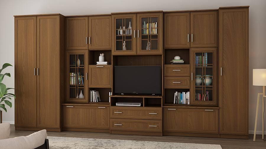 Meblościanka z szafą LENA 405x210x53 cm zestaw mebli do salonu witryna RTV Wiśnia porto MDF  nr. 1