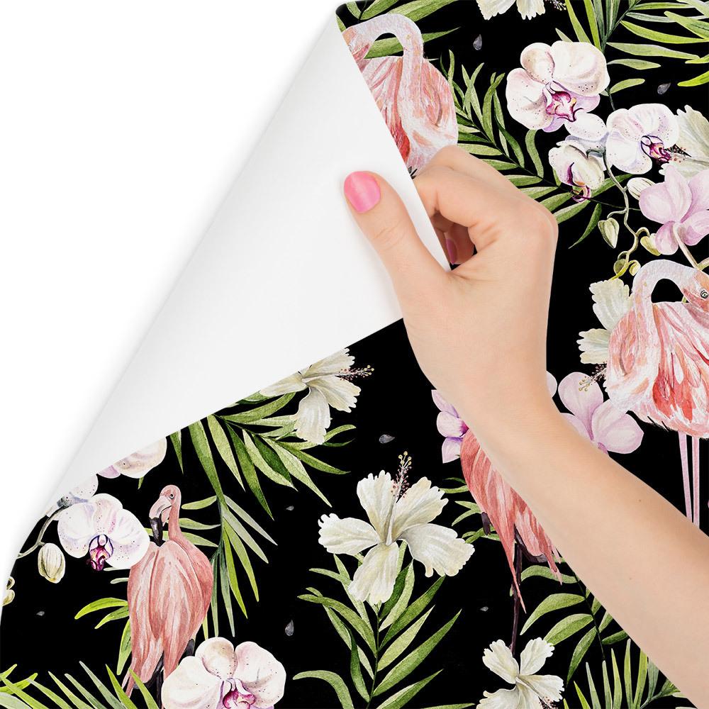 Tapeta do salonu, flamingi, kwiaty, liście, zieleń  nr. 3