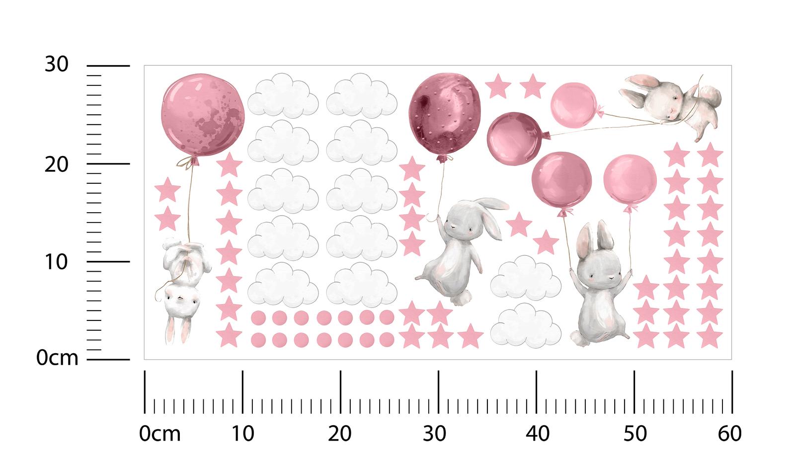 Naklejki Ścienne Dla Dzieci Króliczki Różowe 60x30 Balony Chmurki ZESTAW nr. 2