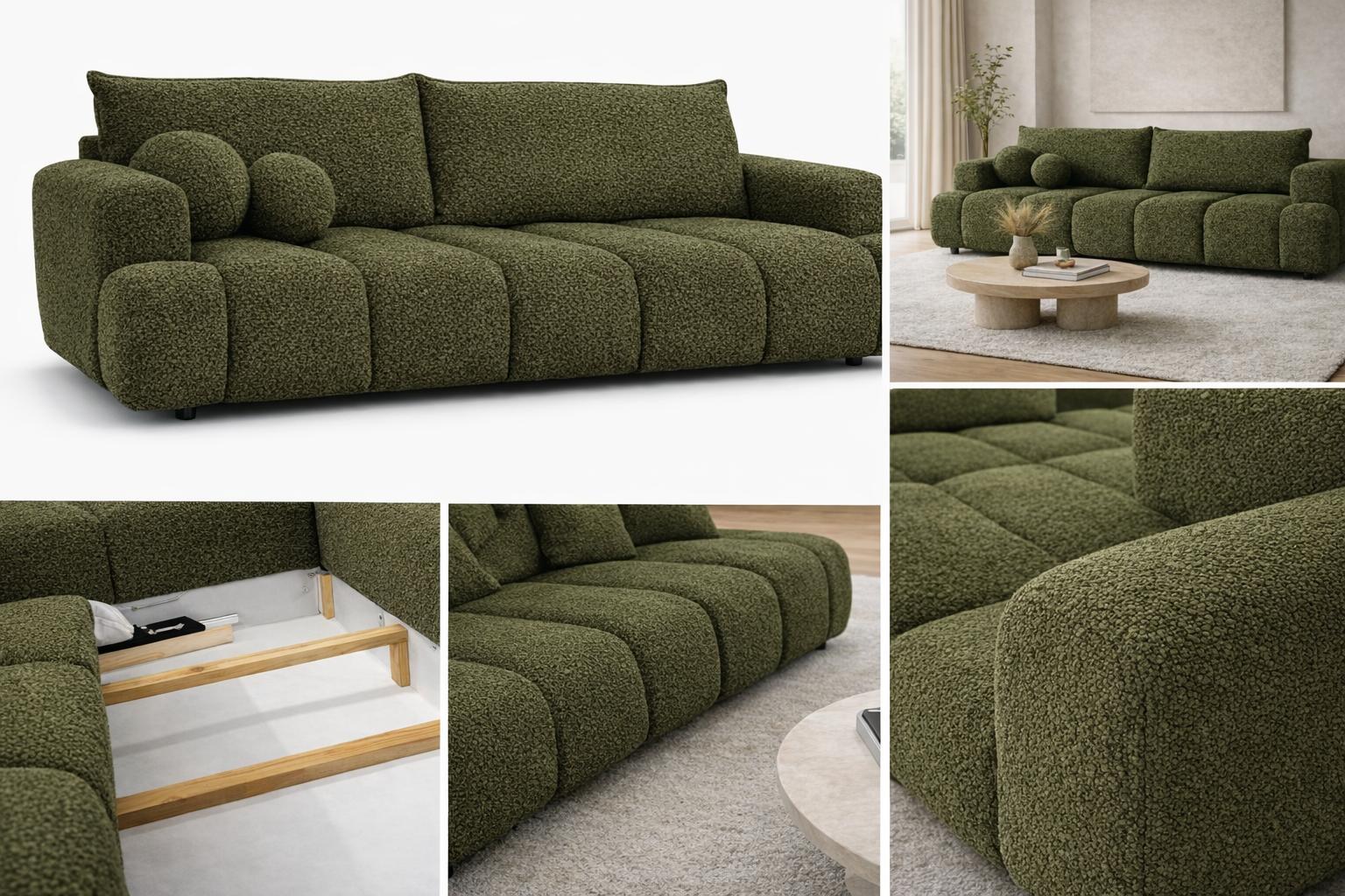 Kanapa z funkcją spania Mediolan 250x112x90 cm rozkładana trzyosobowa tkanina LOOP zieleń nr. 7