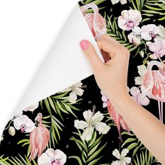 Tapeta do salonu, flamingi, kwiaty, liście, zieleń  - Miniaturka zdjęcia nr 3