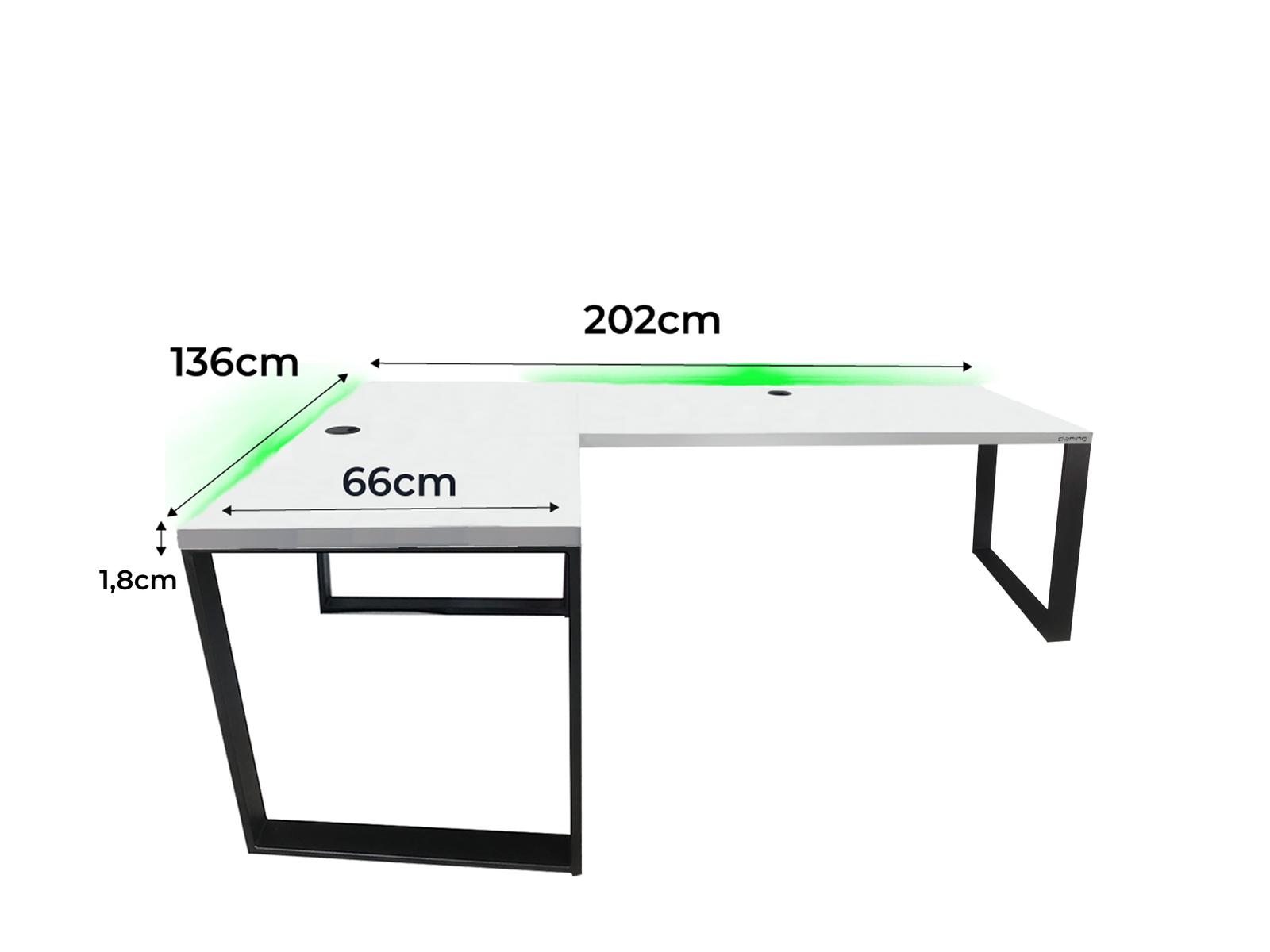 Biurko gamingowe narożne model 2 Low białe LOFT metalowe nogi LED RGB przepust dla gracza 202x66x71cm nr. 3