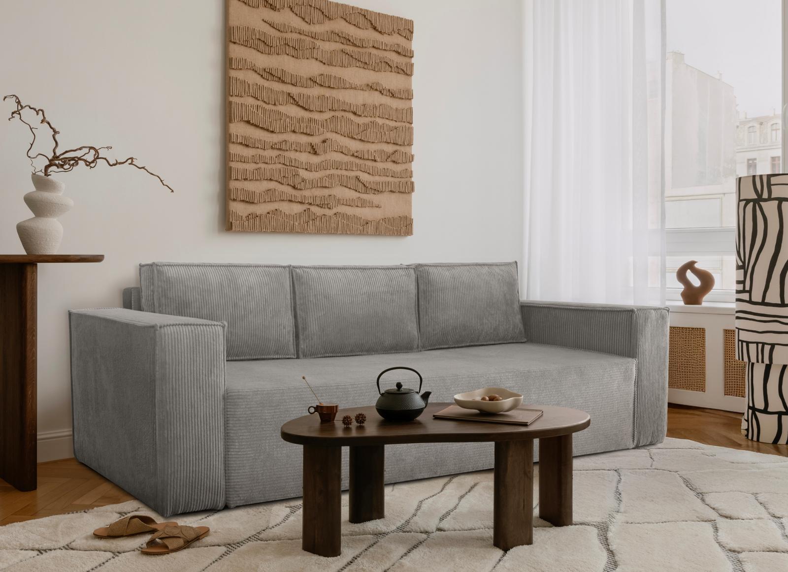 Kanapa rozkładana Verona 248x52x93 cm wersalka z funkcją spania i pojemnikiem pianka sztruks szary do salonu