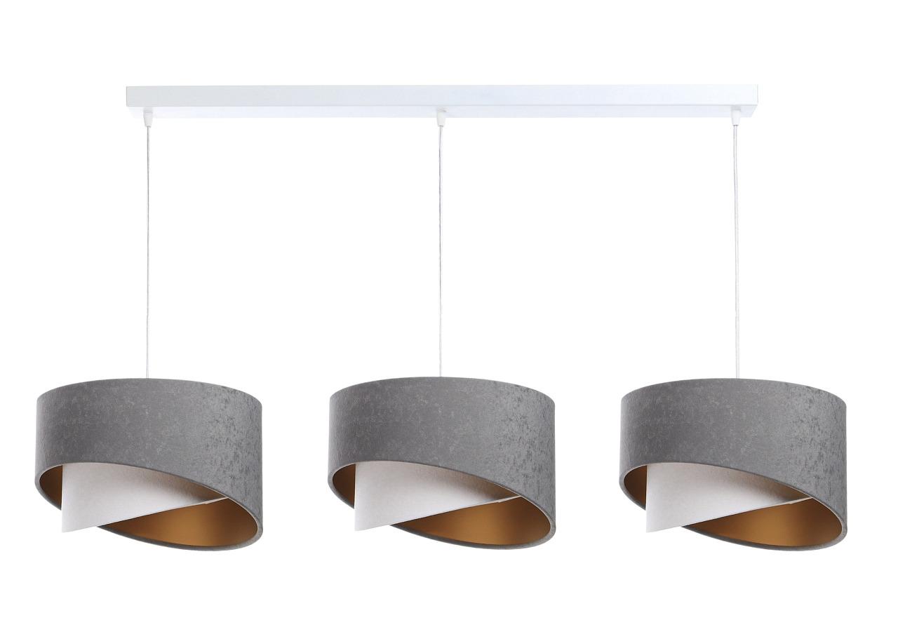 Lampa 114x88x86 cm na listwie z 3 asymetrycznymi abażurkami szaro-biało złota