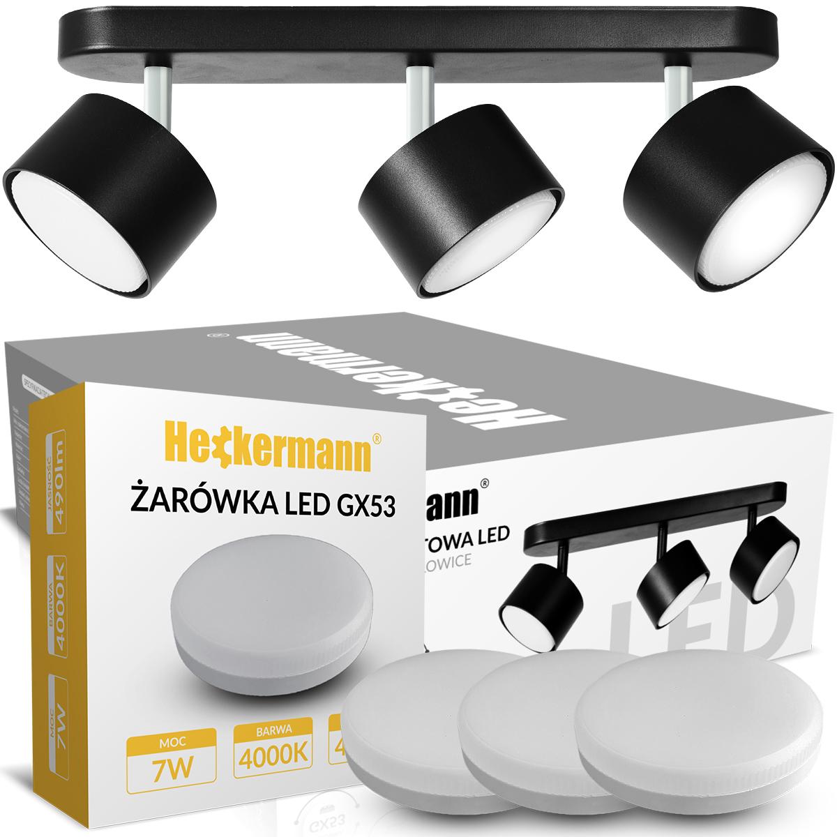 Lampa sufitowa punktowa LED Heckermann 8795316A Czarna 3x głowica + 3x Żarówka LED HGX53 7W Neutral