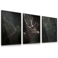 ZESTAW 3x Plakat Ścienny W Ramie JELEŃ Las Krajobrazy Efekt 3D 30x40cm