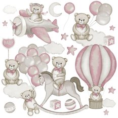Naklejki Na Ścianę Misie Różowe Balony 60x30  Koń Na Biegunach Chmury Zestaw  - Miniaturka zdjęcia nr 1